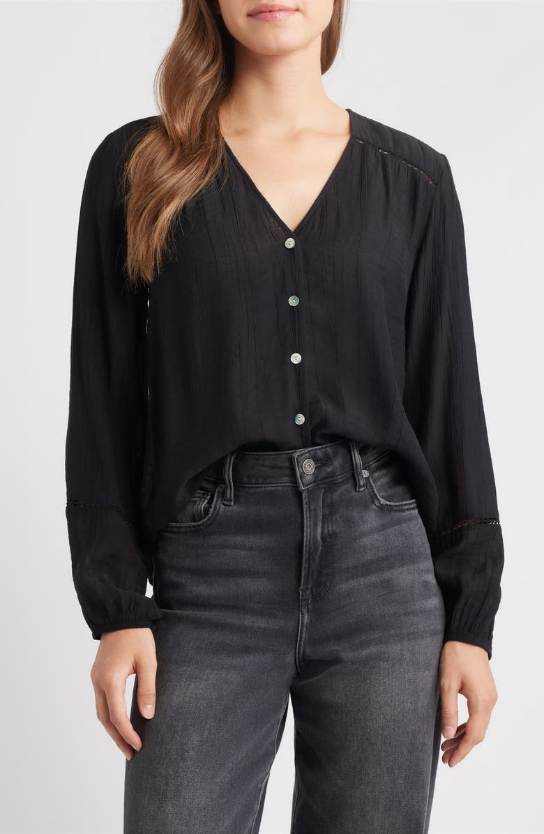 Cloth & Stone Ladder Stitch Front Button Top, Main, color, Black