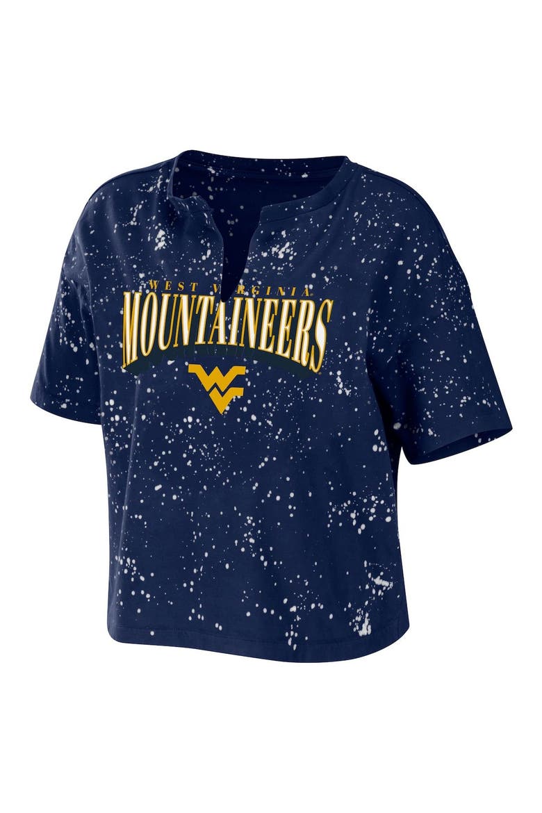 Women's WEAR by Erin Andrews Navy West Virginia Mountaineers Bleach Wash Splatter Cropped Notch Neck T-Shirt, Alternate, color, Navy