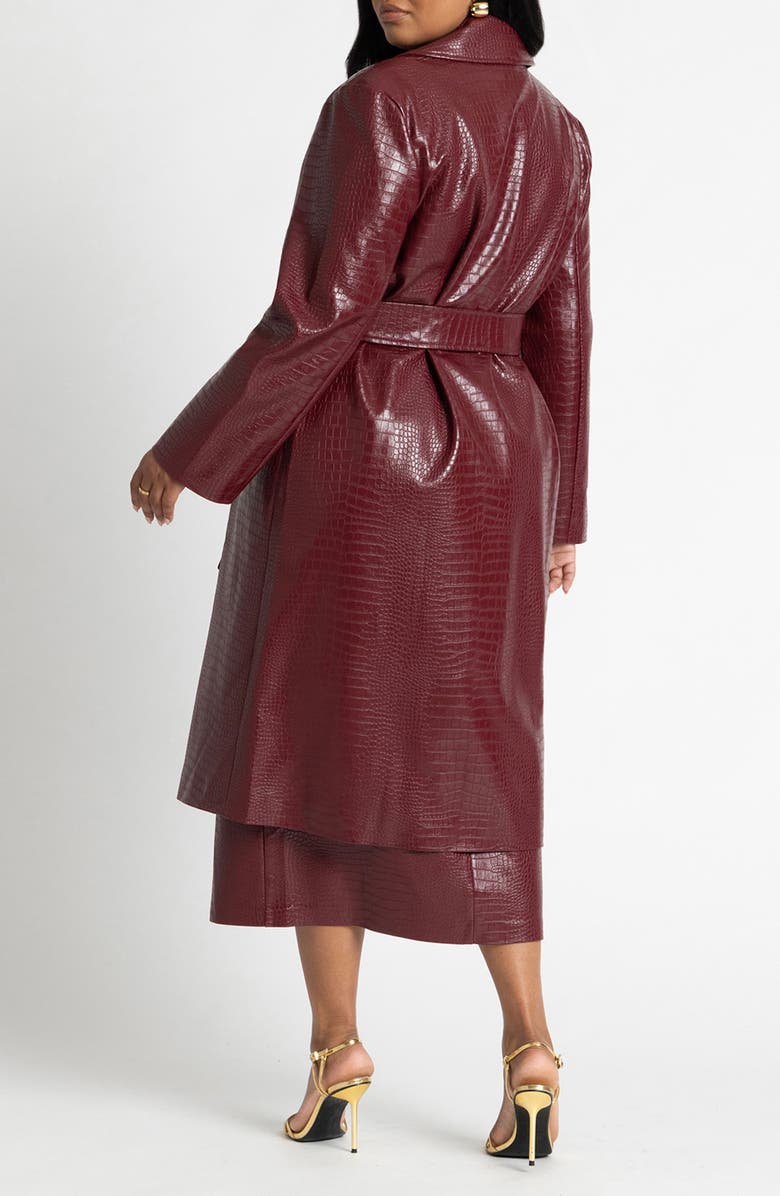ELOQUII Croc Embossed Faux Leather Tie Belt Trench Coat, Alternate, color, 