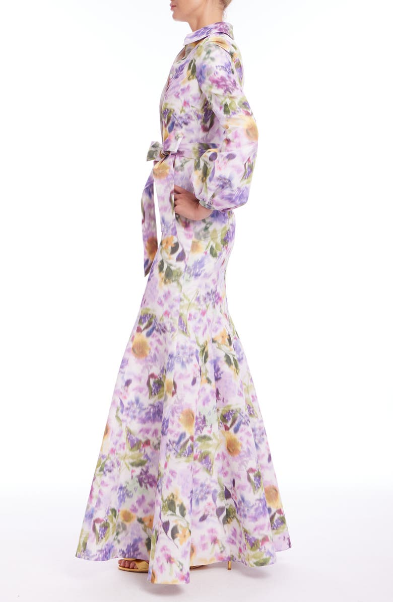 Badgley Mischka Collection Abstract Floral Long Sleeve Taffeta Mermaid Gown, Alternate, color, Lilac Multi