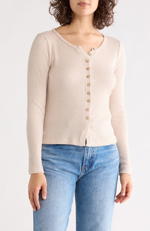 Button Front Long Sleeve Ribbed Top
