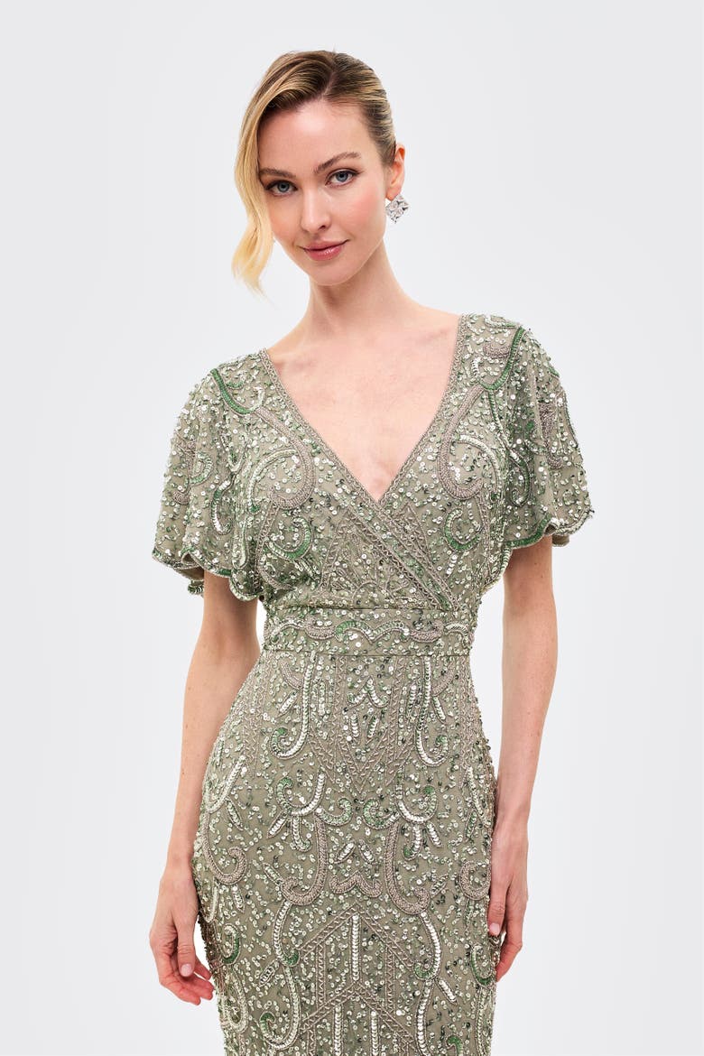 Embellished Sequins Fitted Maxi Gown, Alternate, color, SAGE GREEN