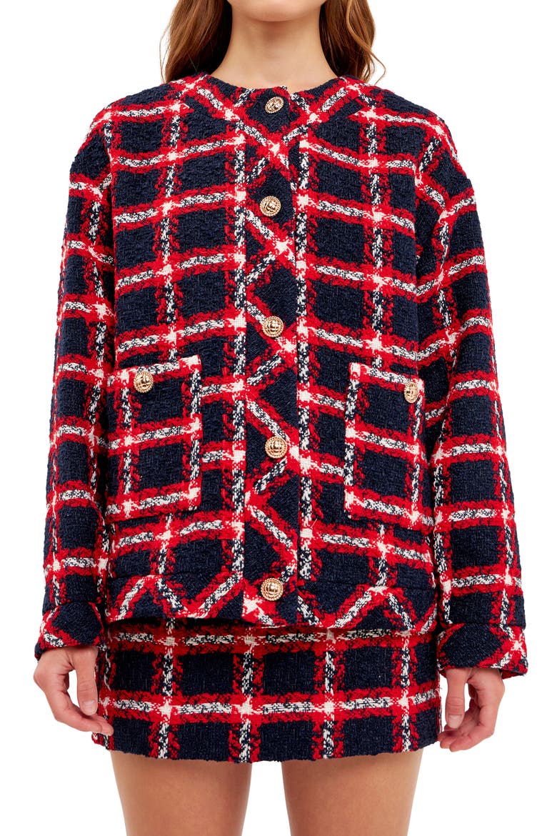 Plaid Bouclé Tweed Jacket, Alternate, color, NAVY