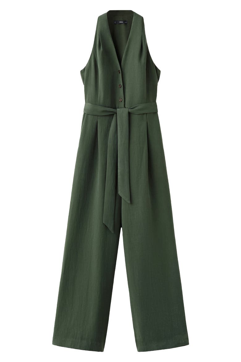 Halter Neck Belted Jumpsuit, Alternate, color, KHAKI GREEN