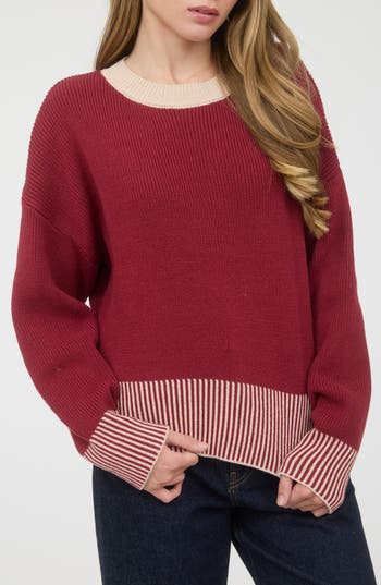 Blu Pepper Contrast Trim Back Button Sweater In Burgundy