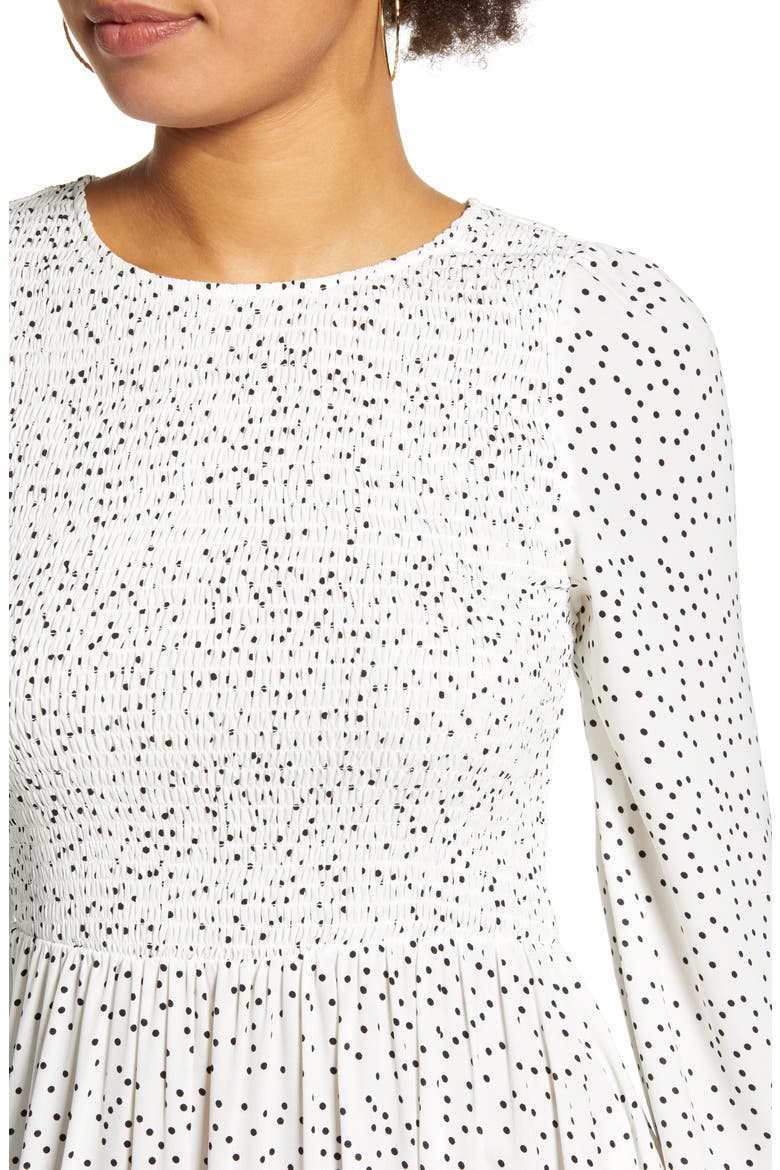 Polka Dot Smocked Bodice Midi Dress, Alternate, color, WHITE BLACK DOT