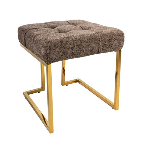 Art Deco Tufted Velvet Upholstered Stool with Stainless Steel Legs, Grey and Gold