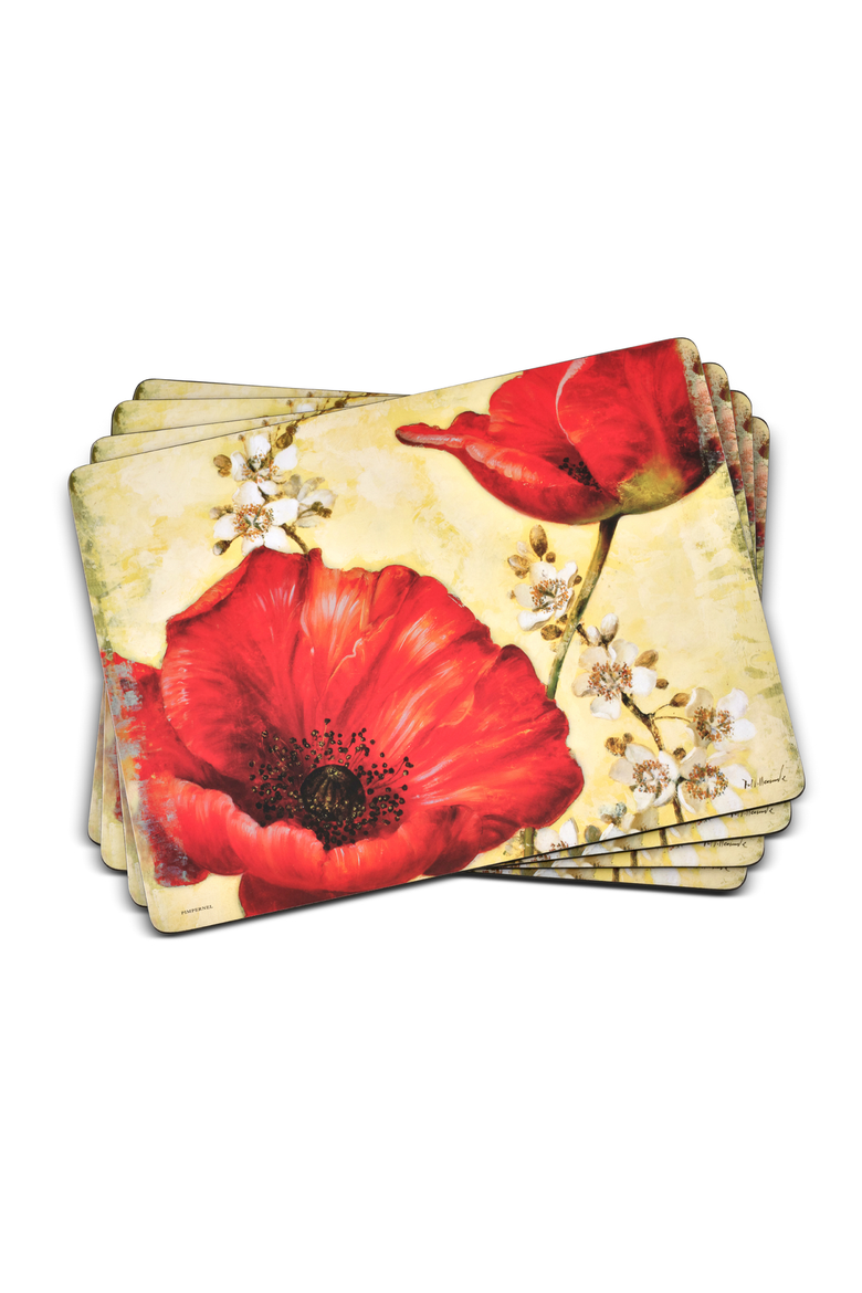 Red Poppy Blossoms Set of 4 Cork Back Placemats, Main, color, Multi