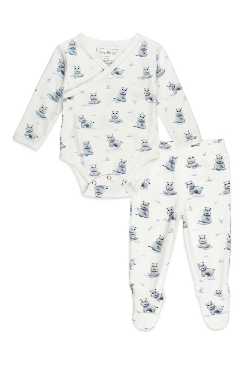 Panda Print Organic Cotton Wrap Bodysuit & Footed Pants Set, Main, color, BABY HIPPO