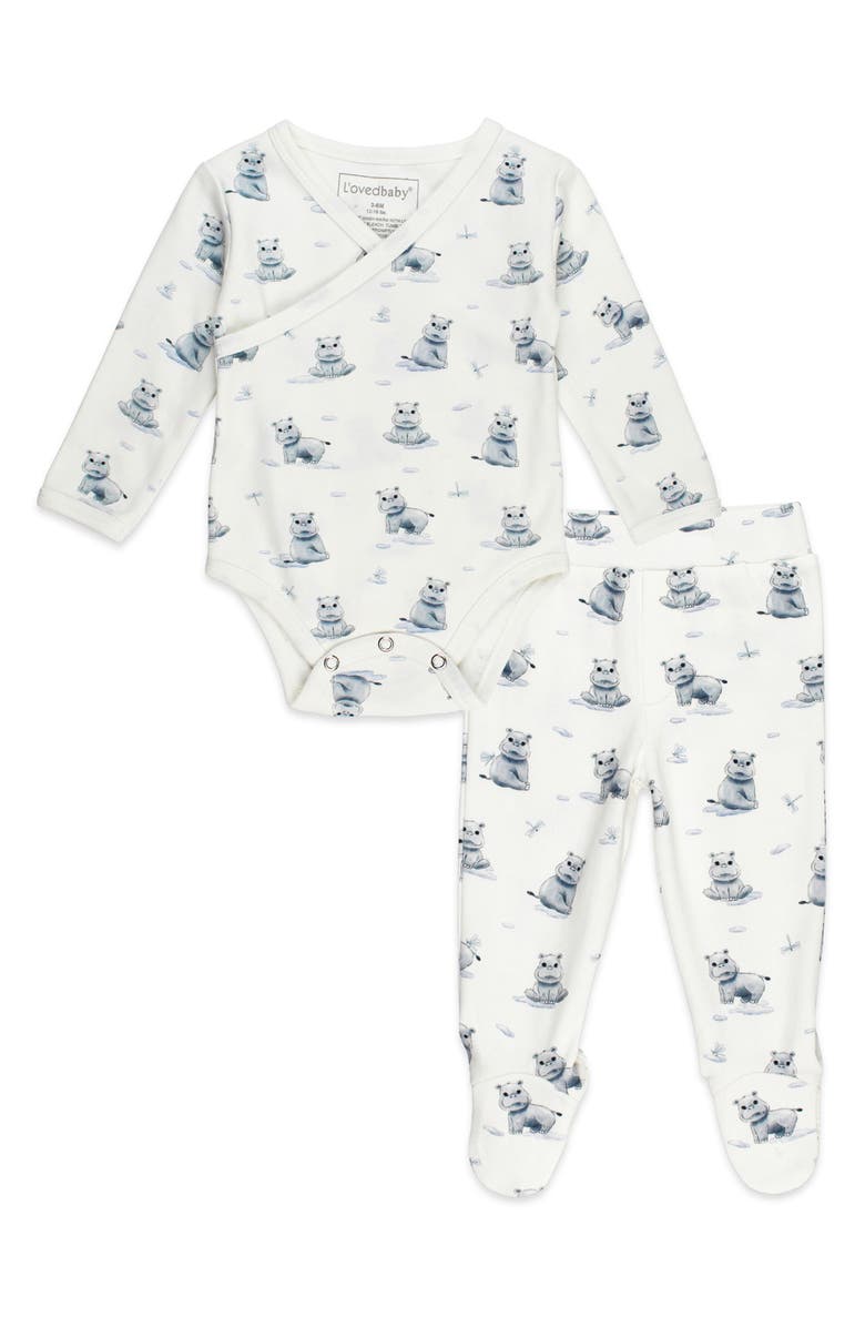 L'ovedbaby Panda Print Organic Cotton Wrap Bodysuit & Footed Pants Set, Main, color, Baby Hippo