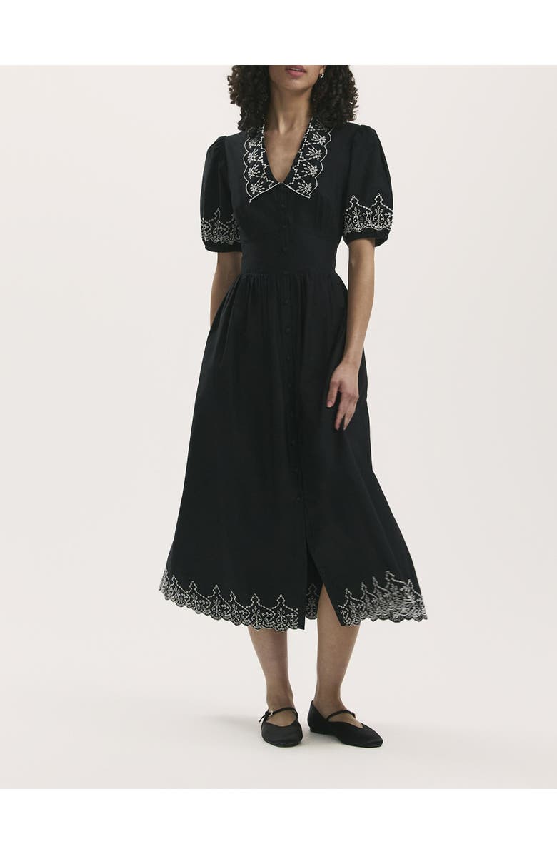 Finery London Arianna Embroidered Cotton Midi Dress, Alternate, color, Black
