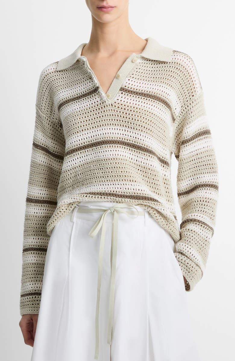 Vince Cotton Stripe Polo Sweater, Main, color, White Stone Combo