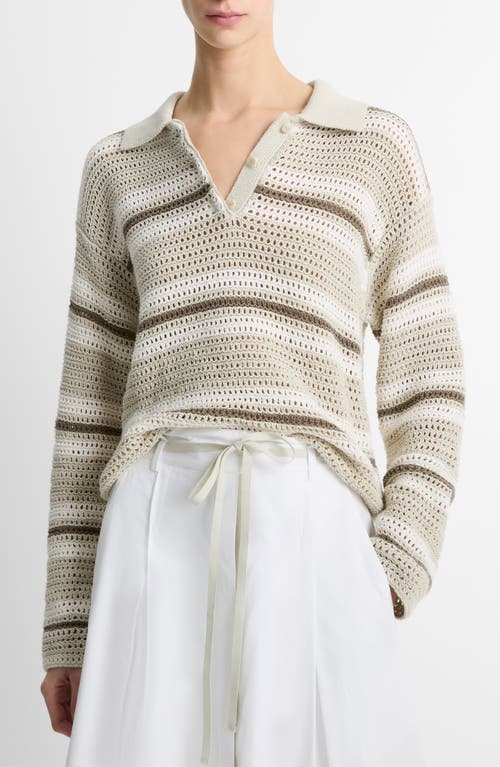 Shop Vince Open Stitch Stripe Polo Sweater In White Stone Combo