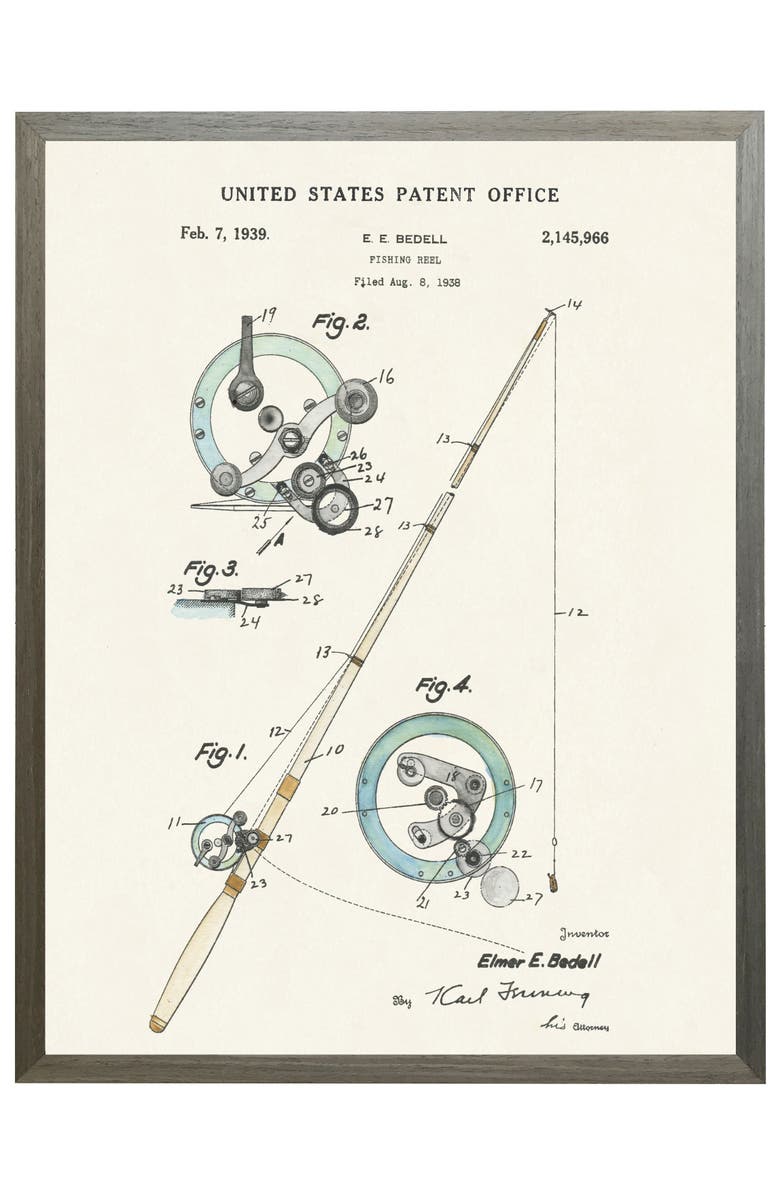 Antique Curiosities Fishing Reel Patent in Black Frame, Main, color, NO COLOR