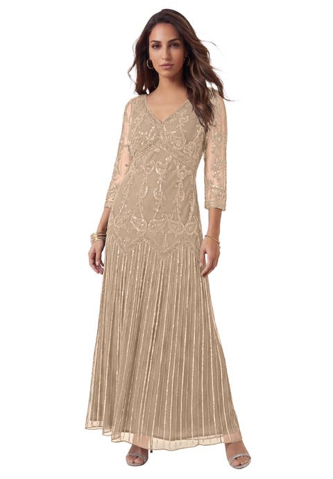 Plus Size Beaded V Neck 3/4 Sleeve Sleeve Maxi Gown