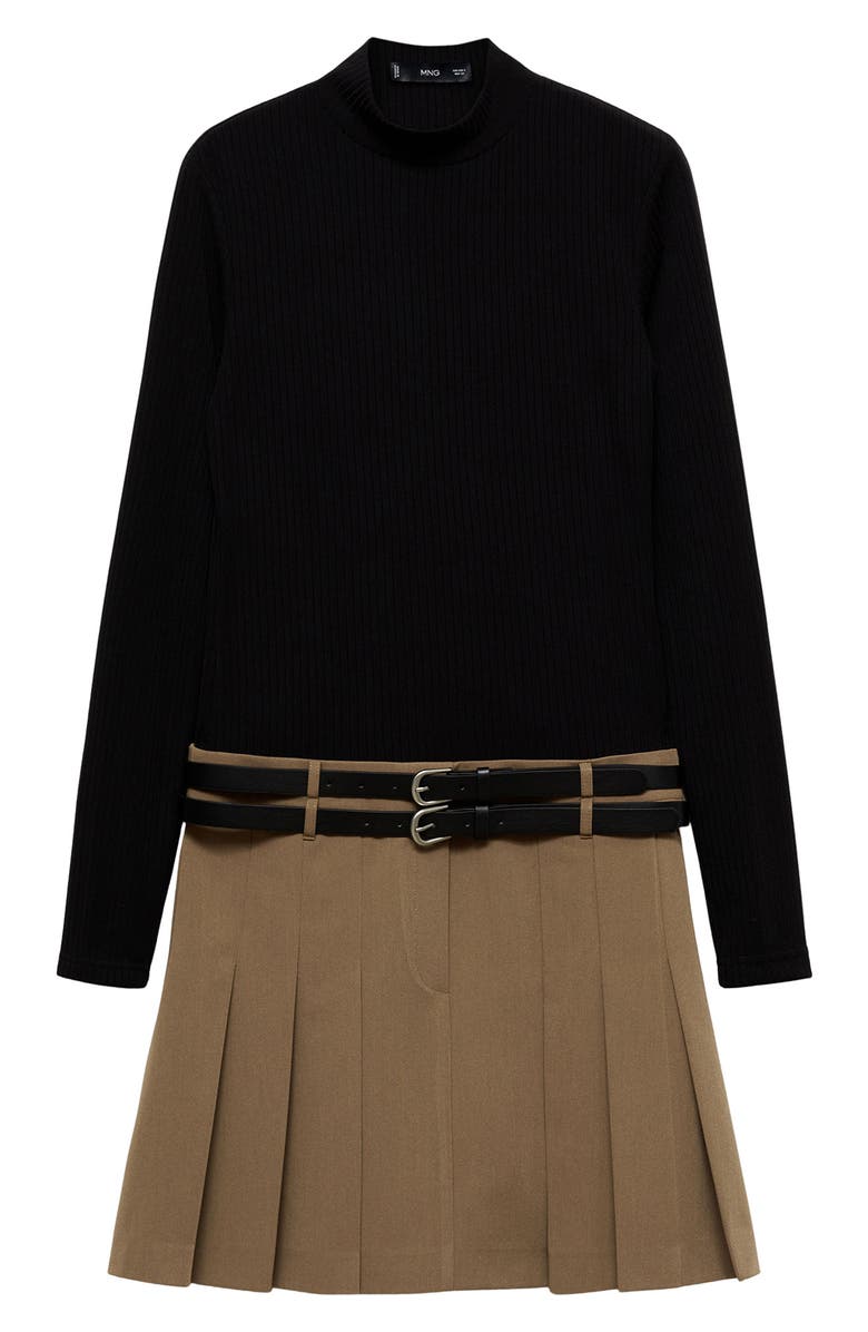 MANGO Candy Pleated Mixed Media Long Sleeve Minidress, Alternate, color, Beige