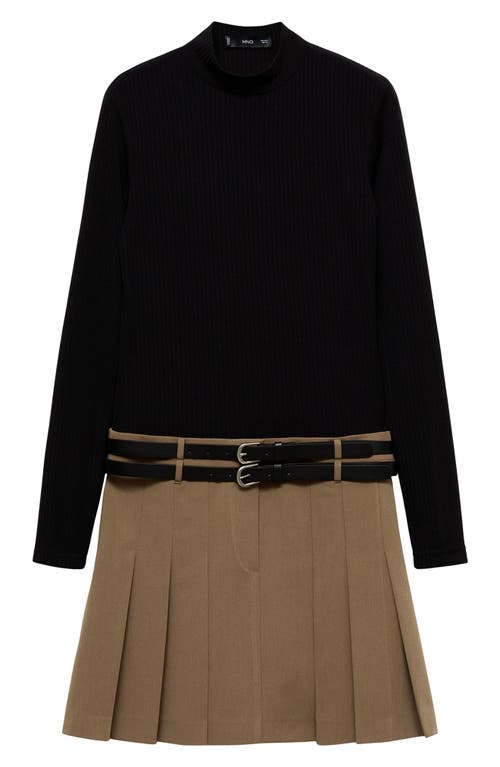Shop Mango Candy Pleated Mixed Media Long Sleeve Minidress In Beige
