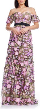 Dress the Population Lara Floral Embroidered Off the Shoulder Gown