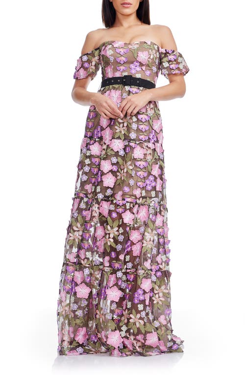 Dress The Population Lara Floral Embroidered Off The Shoulder Gown In Multi