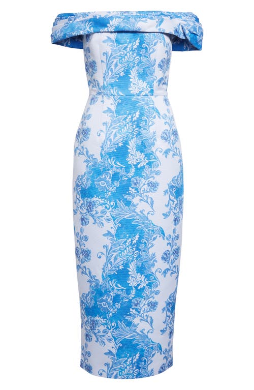 Emilia Wickstead Rochelle Floral Damask Off The Shoulder Dress In Blue