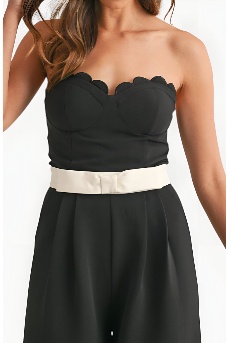 Strapless Jumpsuit with Scalloped Bodice, Waist Belt and Wide-Leg Pants, Alternate, color, Black