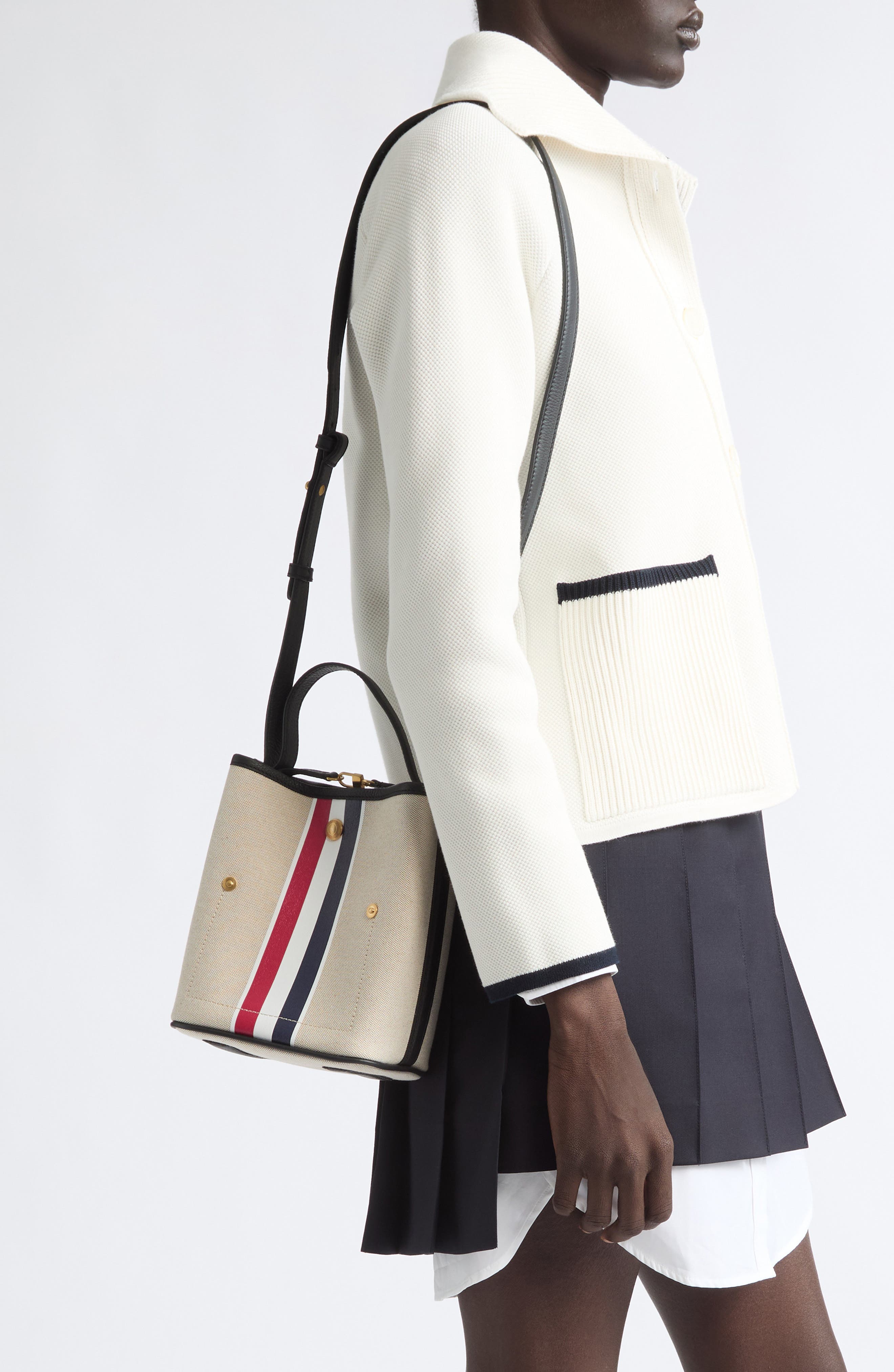 Stripe Cotton Canvas Bucket Bag, Alternate, color, BLACK