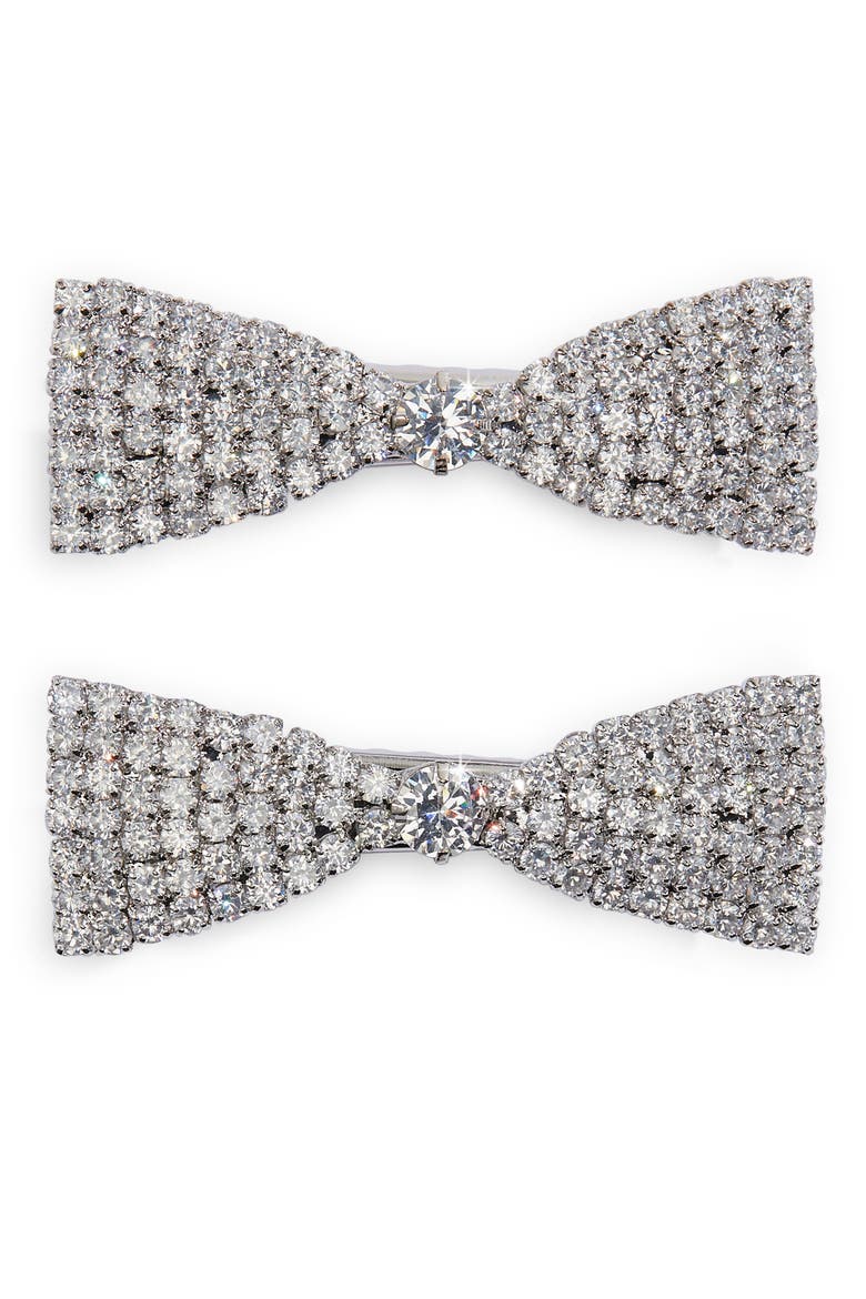 Two-Pack Cubic Zirconia Bow Hair Clips, Main, color, SILVER