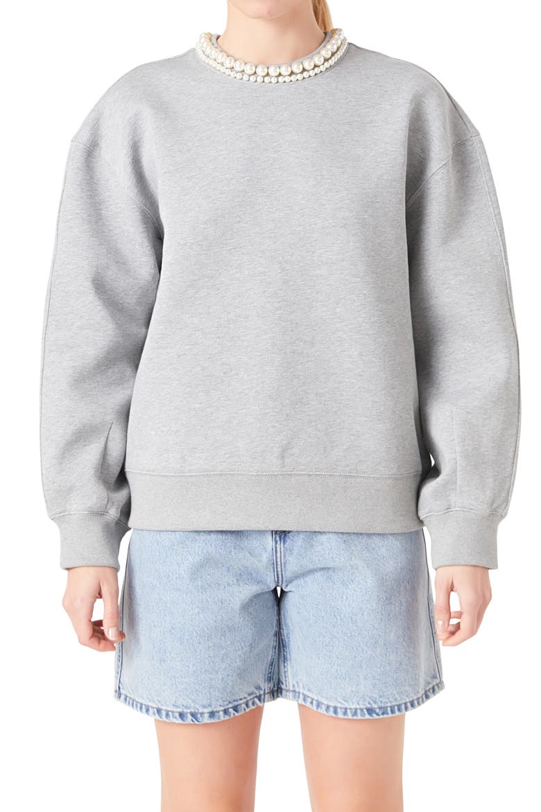 Imitation Pearl Embellished Crewneck Sweatshirt, Alternate, color, GREY