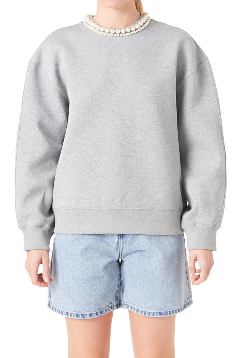 Grey Lab Imitation Pearl Embellished Crewneck Sweatshirt, Alternate, color, Grey