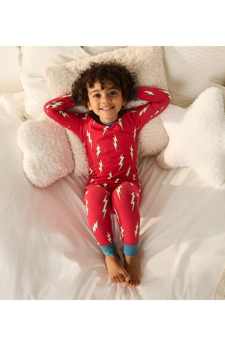 Hatley Kids' Glow in the Dark Lightning Bolts Print Fitted Two-Piece Pajamas, Alternate, color, Chrysanthemum