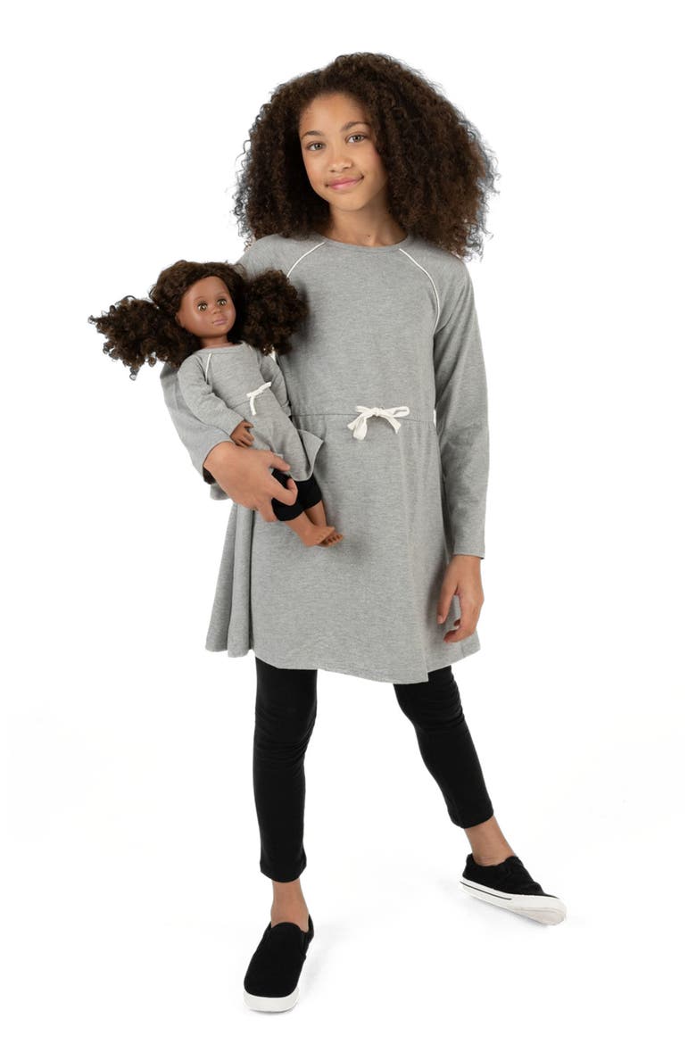 Girls Bow Tie Dress with Matching Doll Dress, Alternate, color, LIGHT GREY