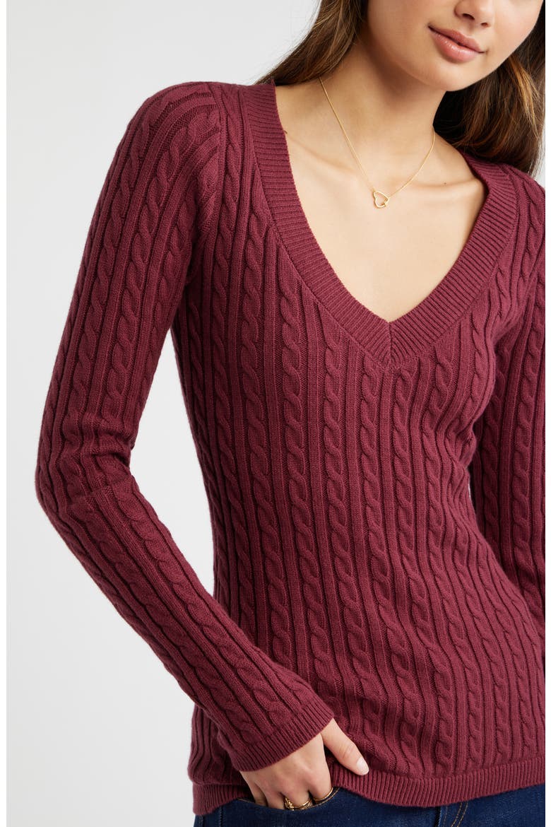 Cable Stitch V-Neck Sweater, Alternate, color, BURGUNDY TANNIN