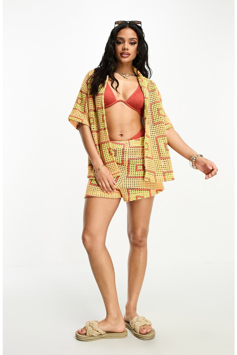 Mosaic Crochet Beach Cover-Up Shirt, Main, color, YELLOW