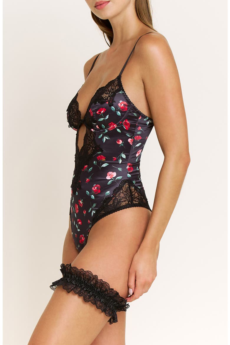 Garden of Eden Lace Trim Satin Bodysuit & Garter Set, Alternate, color, DARK ROSES