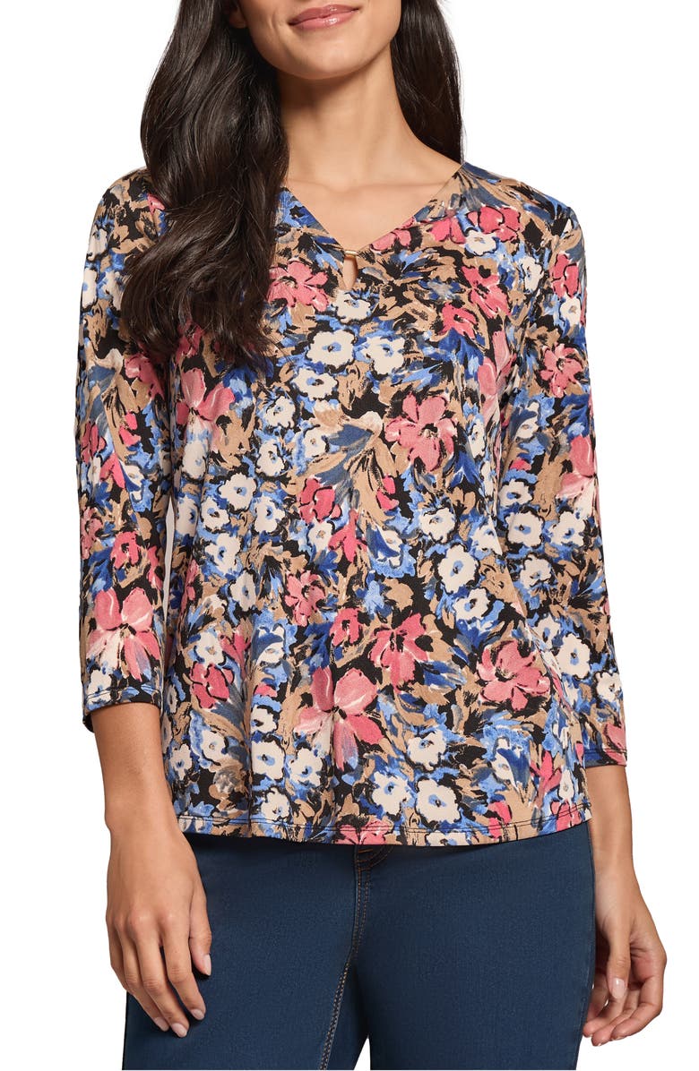 Jones New York Floral Print Three-Quarter Sleeve Crepe Top, Main, color, 