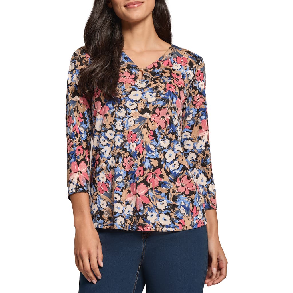 Jones New York Floral Print Three-Quarter Sleeve Crepe Top in Jones Black Multi