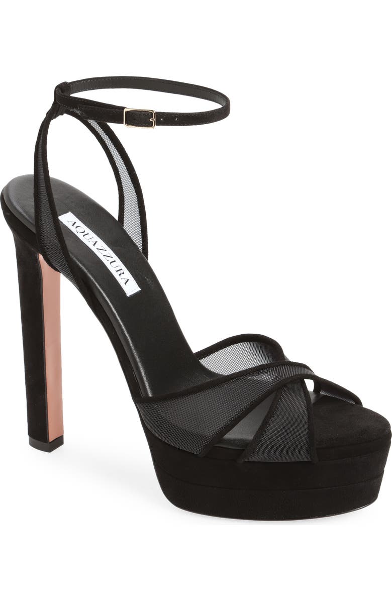 Aquazzura Divine Mesh Ankle Strap Platform Sandal, Main, color, Black