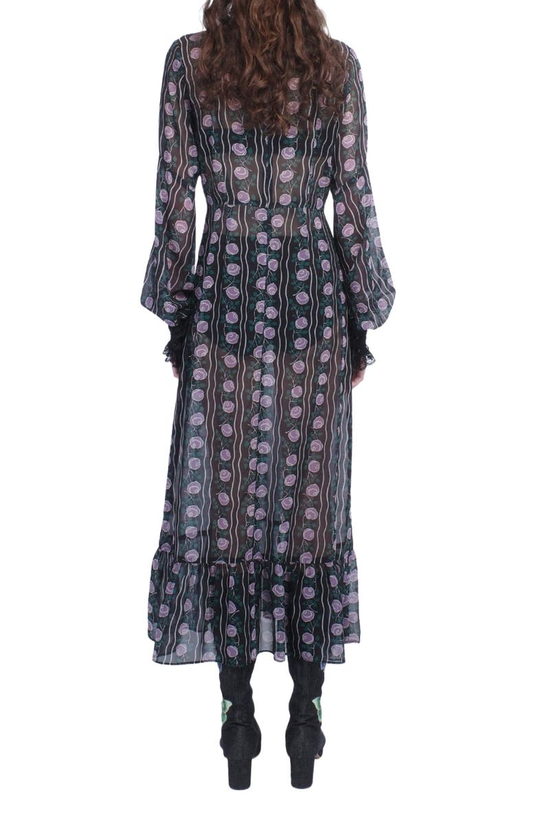 Anna Sui Rosetti Chiffon Victorian Bib Dress, Alternate, color, Black/Lilac Multi