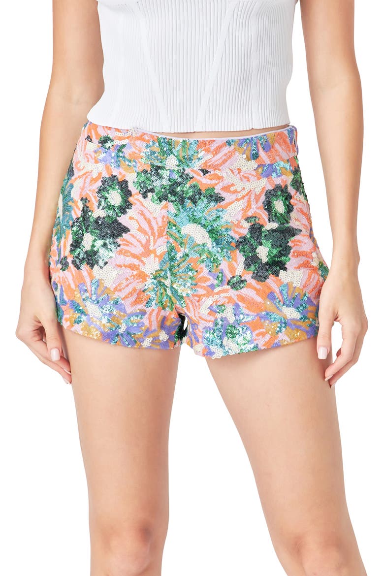 Sequin High Waist Shorts, Alternate, color, CORAL MULTI