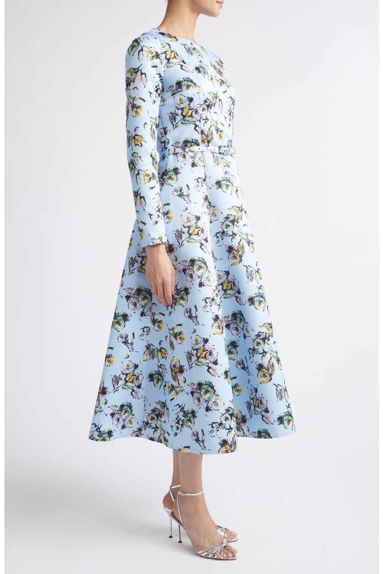 Capucine Floral Long Sleeve Belted Genzianella Sateen Midi Dress, Alternate, color, FLORAL GREEN/YELLOW ON BLUE