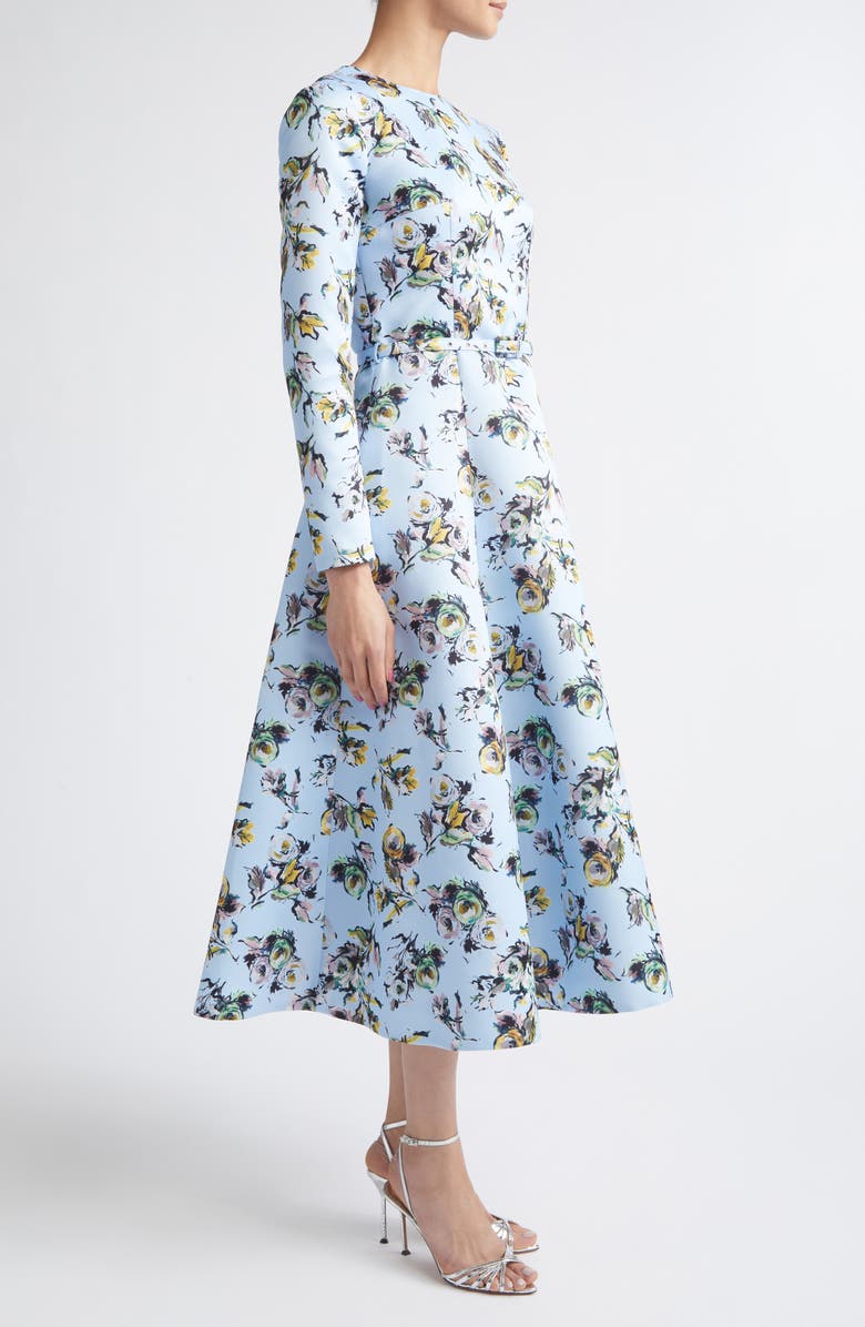 Emilia Wickstead Capucine Floral Long Sleeve Belted Genzianella Sateen Midi Dress, Alternate, color, Floral Green/Yellow On Blue