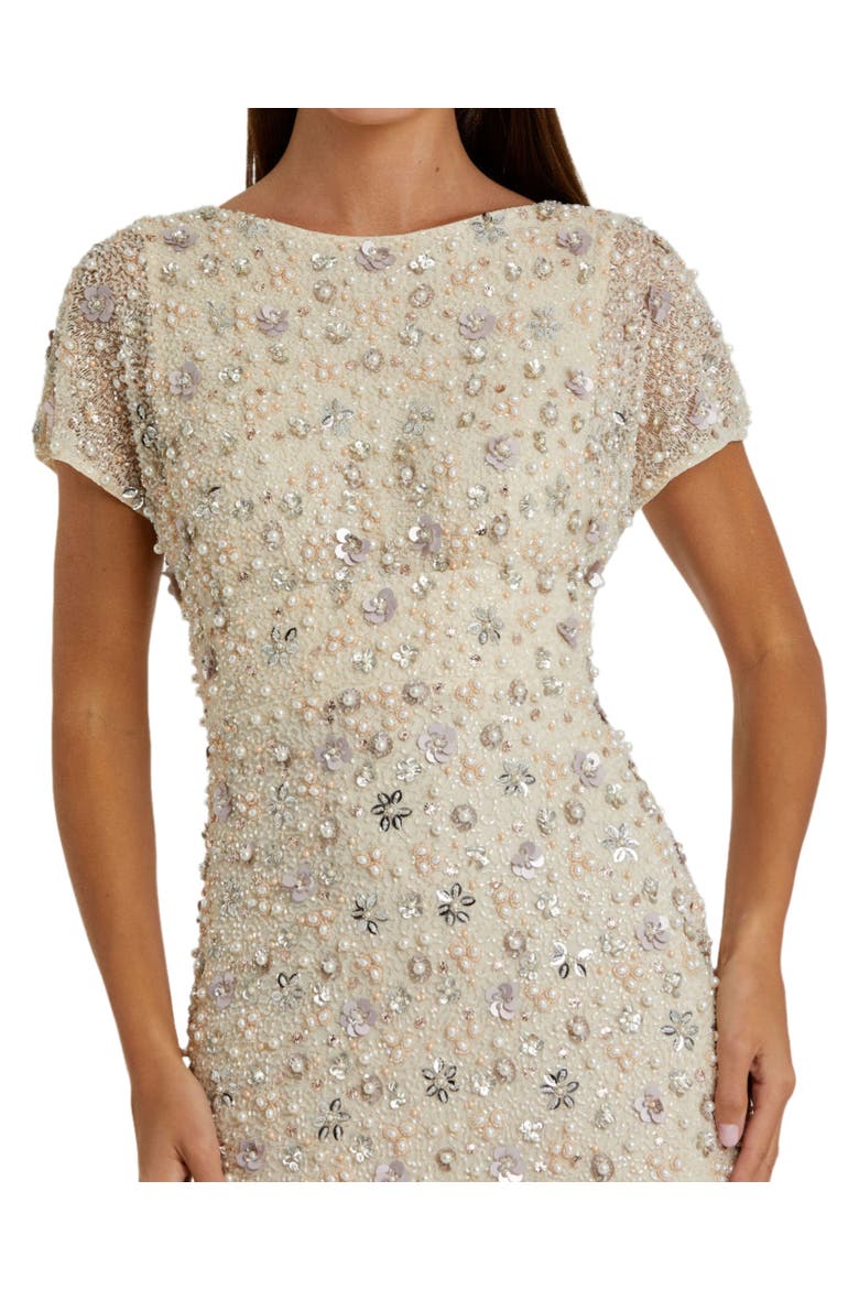 Floral Embellished Mesh Fitted Blouson Gown, Alternate, color, Oyster