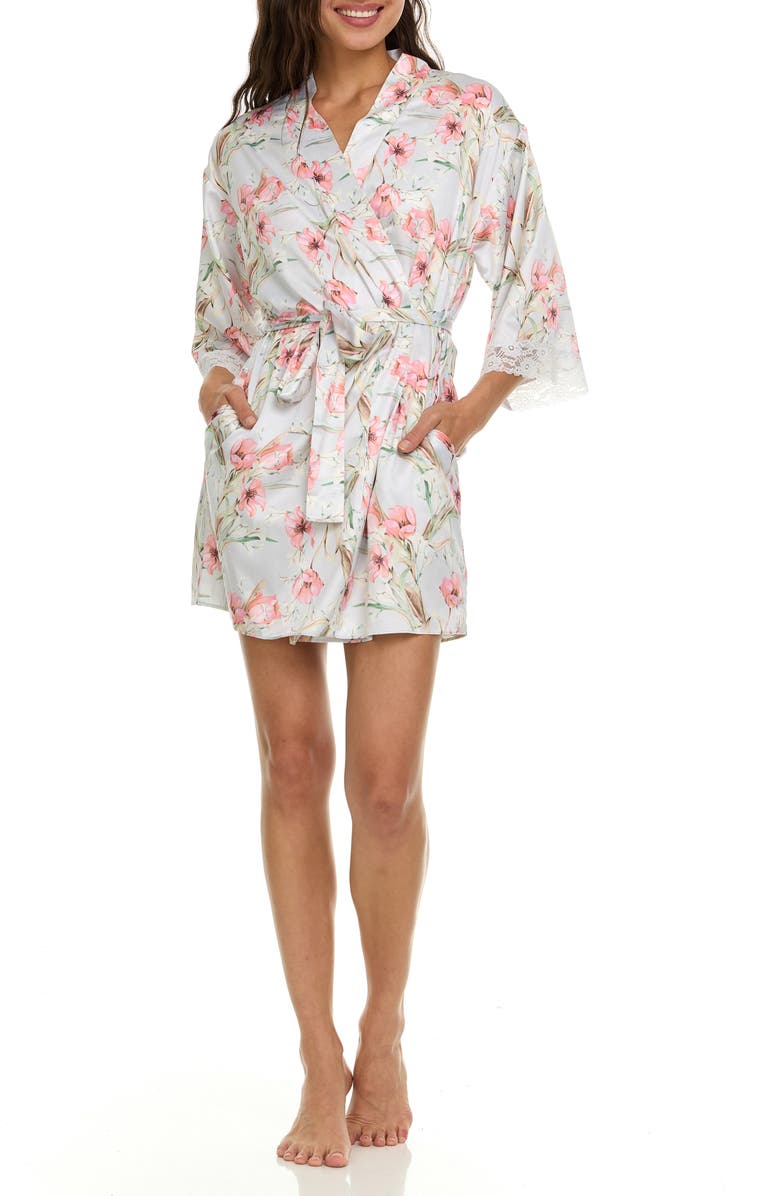 Flora Nikrooz Sabrina Floral Print Satin Short Pajamas & Robe Set, Alternate, color, Light Grey