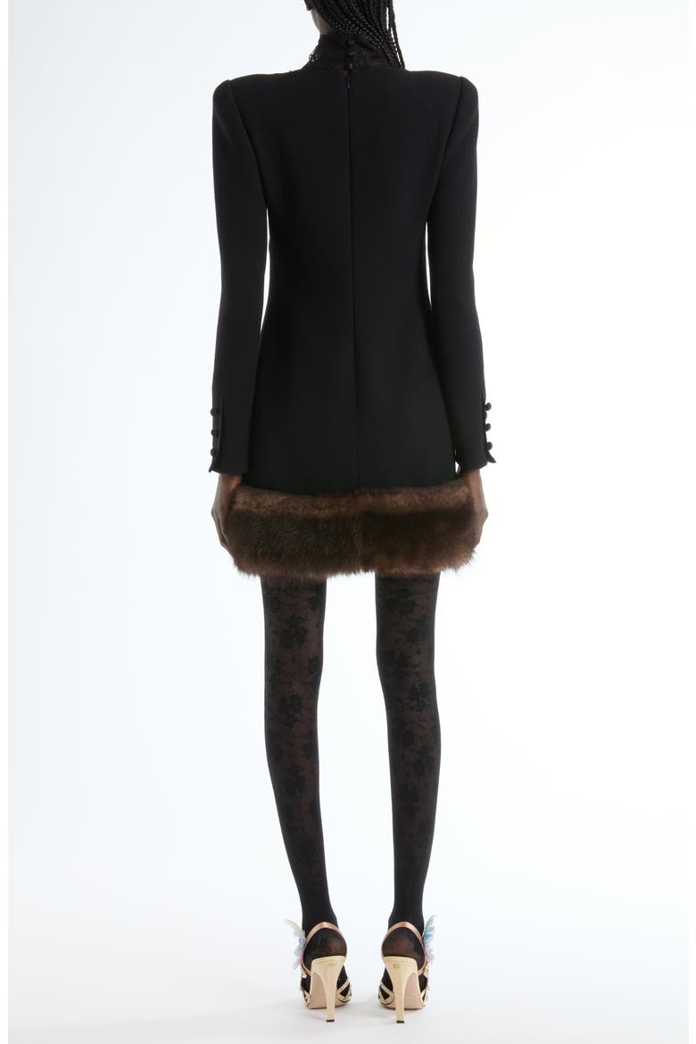 Long Sleeve Wool Crepe Minidress with Genuine Shearling Trim, Alternate, color, BLACK