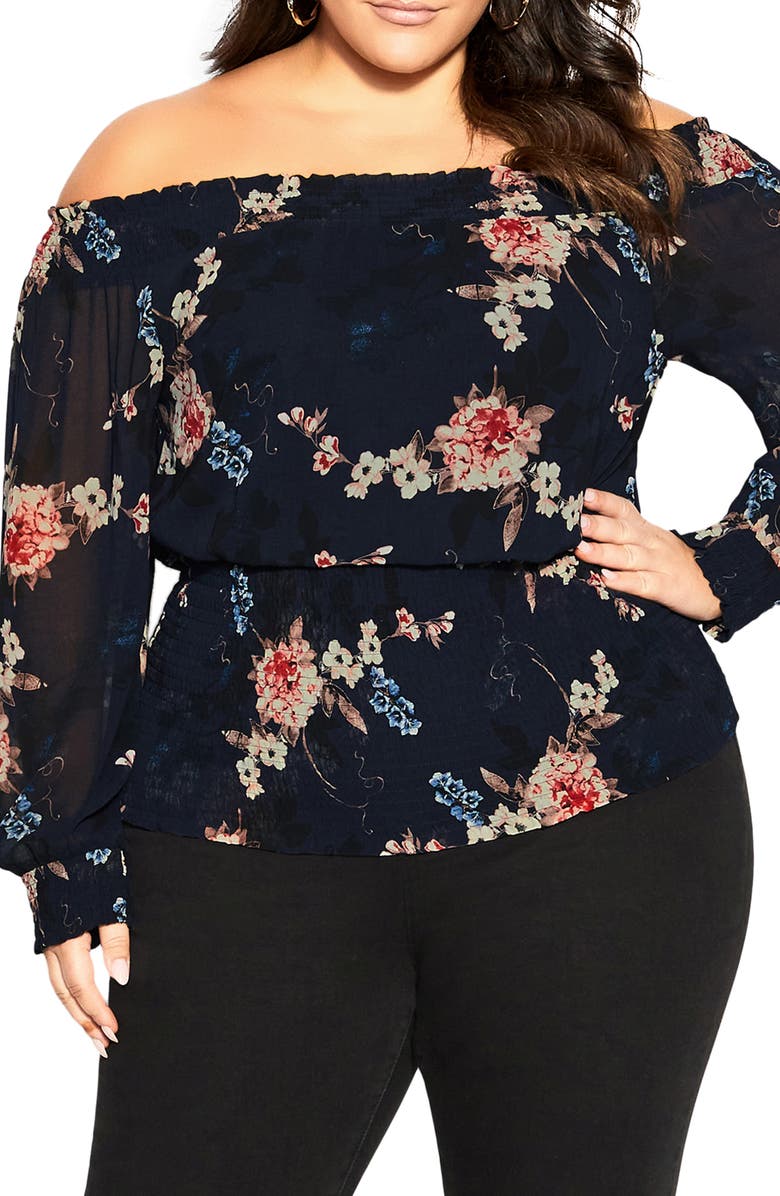 City Chic Elodie Floral Off the Shoulder Blouse, Main, color, 