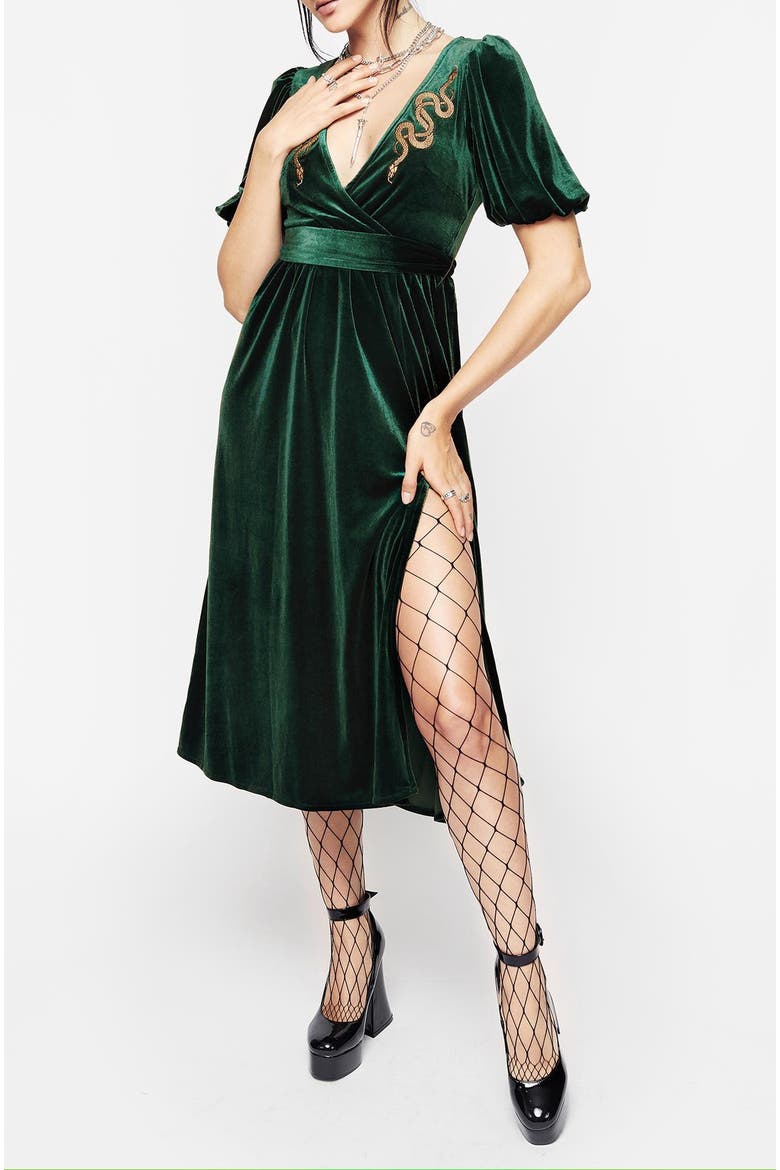 Zarina Velour Applique Midi Wrap Dress, Alternate, color, Green