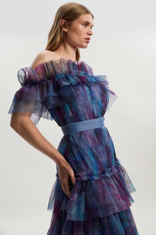 Karen Millen Floral Tulle Off Shoulder Maxi Dress In Blue