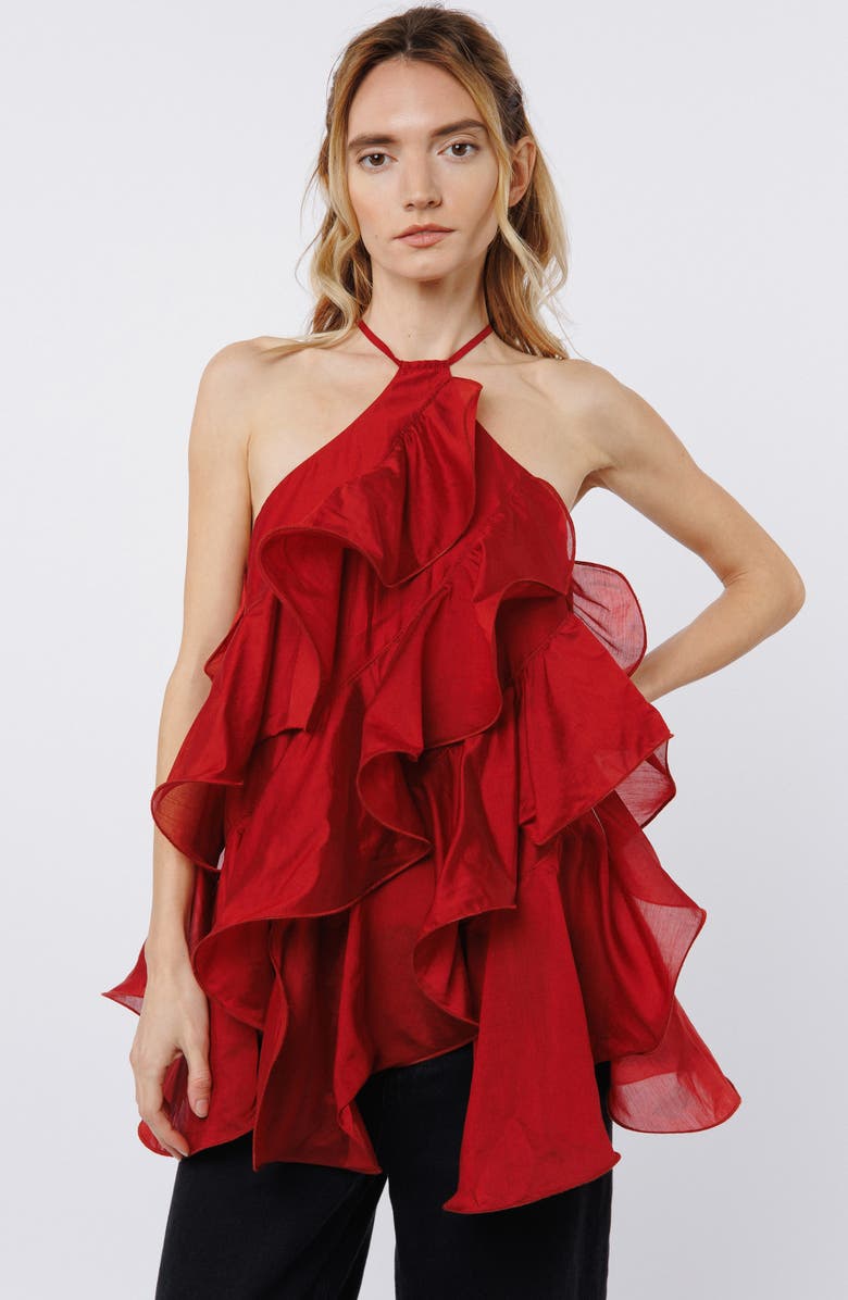 CIEBON Echo Ruffle Halter Neck Top, Alternate, color, Red