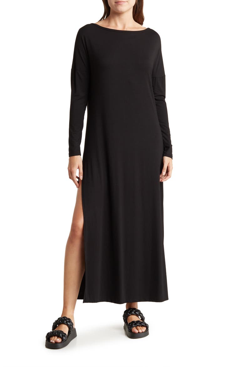 Long Sleeve Maxi T-Shirt Dress, Main, color, BLACK