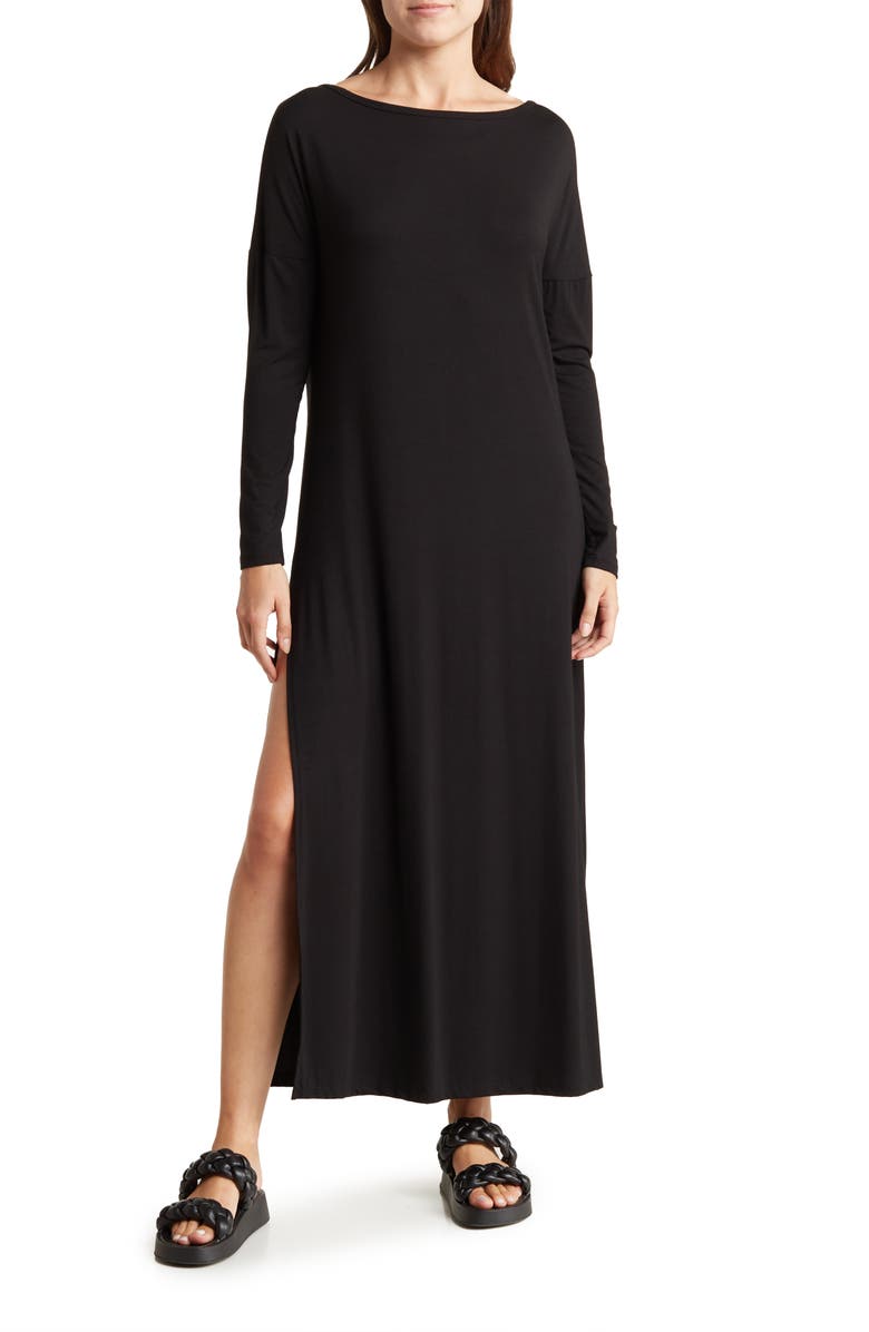 GO COUTURE Long Sleeve Maxi T-Shirt Dress, Main, color, Black